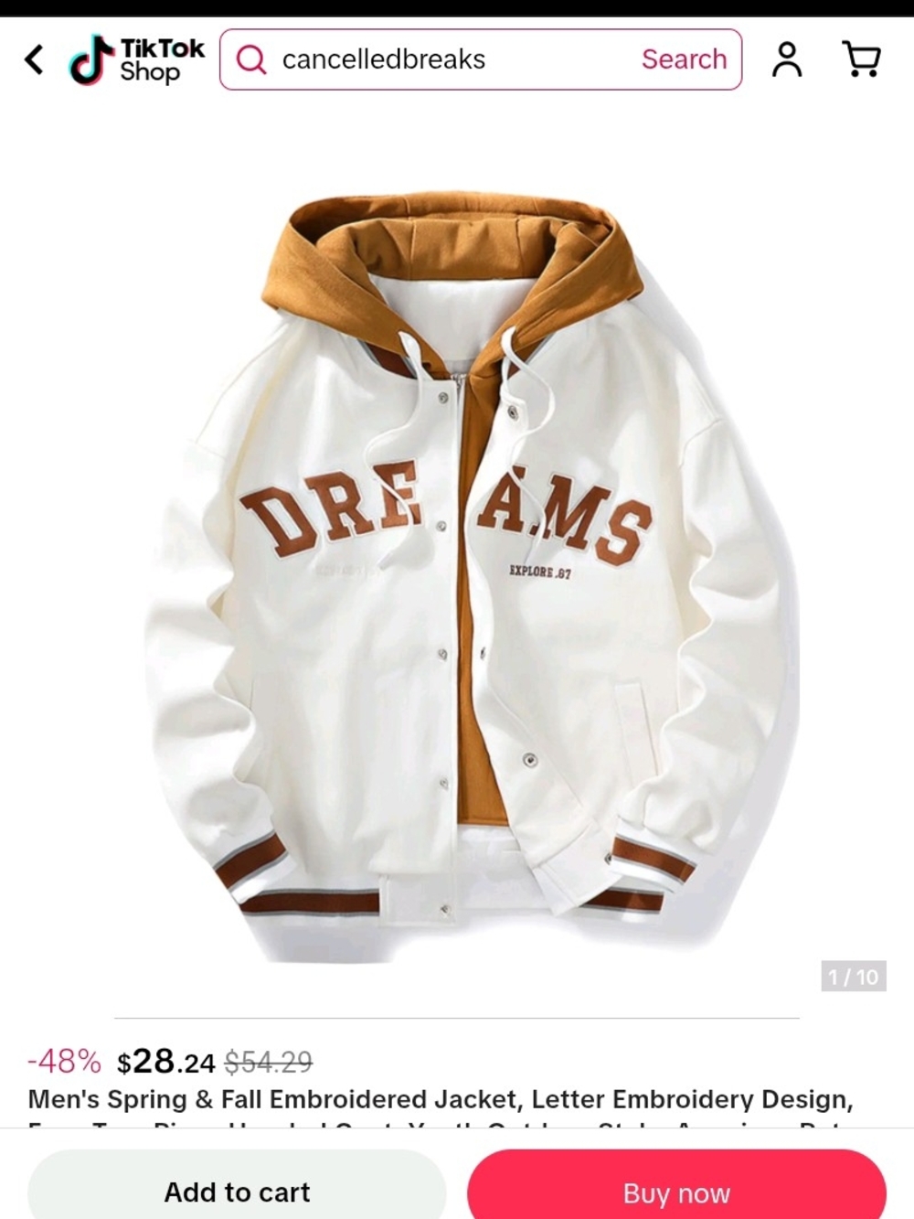 Men's Cream & Brown 'DREAMS' Letter Embroidered Varsity Jacket